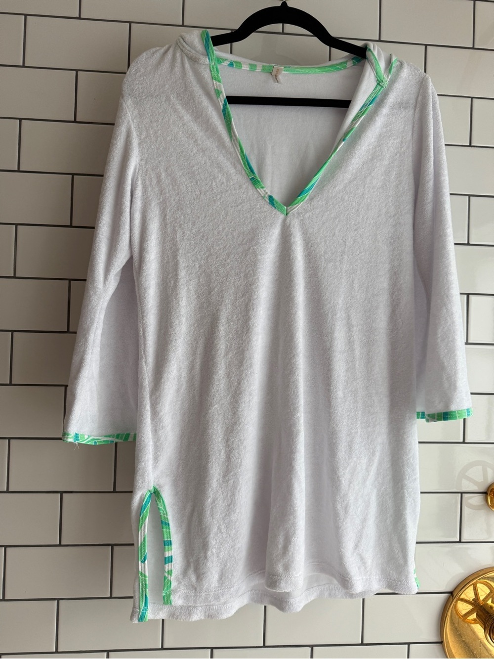 Tory Burch White Hooded V-Neck Swim Coverup with Green Trim
